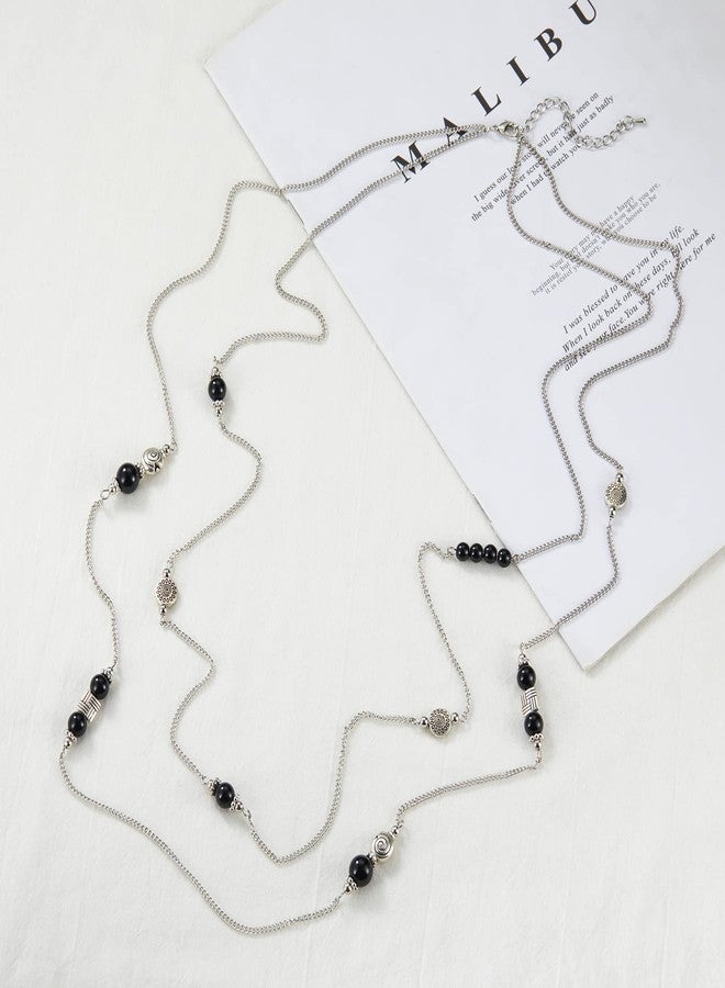 BULINLIN Layered Silver Long Necklace for Women Turquoise Stone Beaded Strand Sweater Chain Necklaces Fashion Costume Jewelry Gifts for Mom(Black) - Image 4